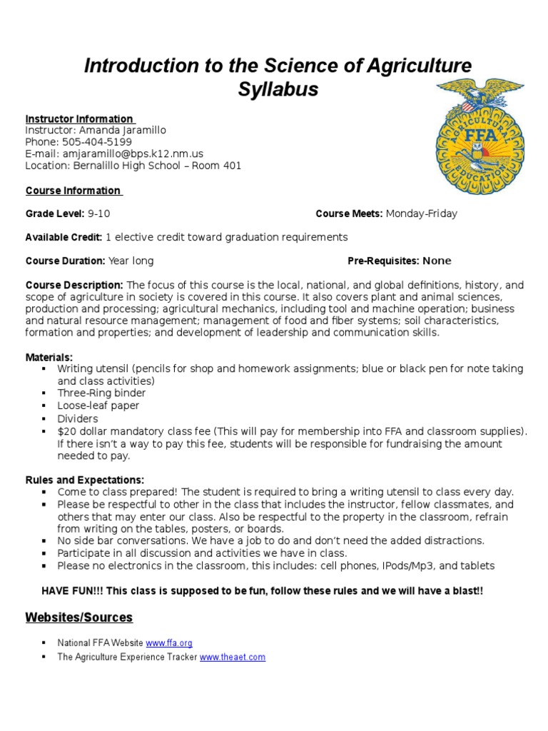 Introduction To The Science of Agriculture Syllabus 2016-2017 | PDF ...