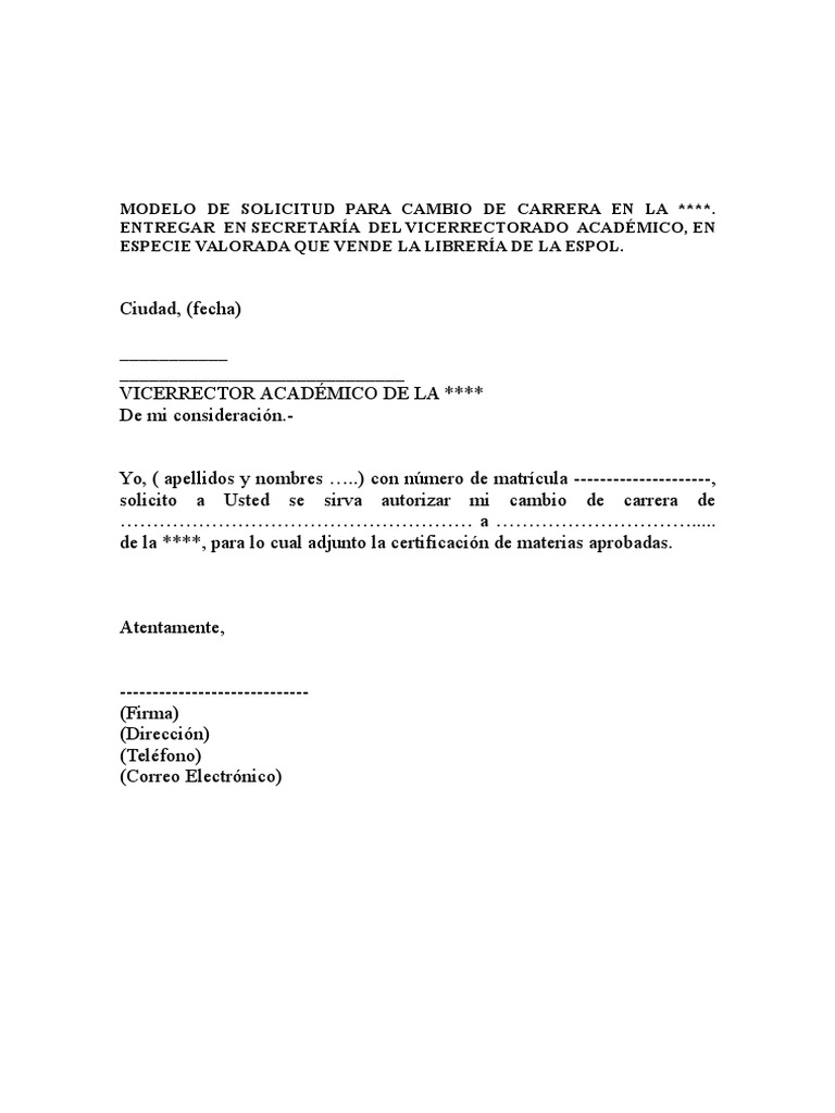 Modelo Solicitud Cambio De Carrera Pdf
