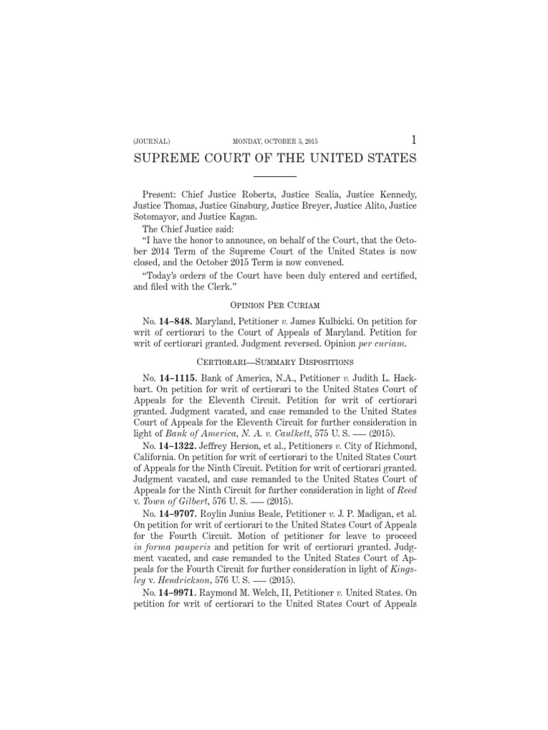 Journal of The Supreme Court - October 2015 Term | PDF | Certiorari |  United States Courts Of Appeals