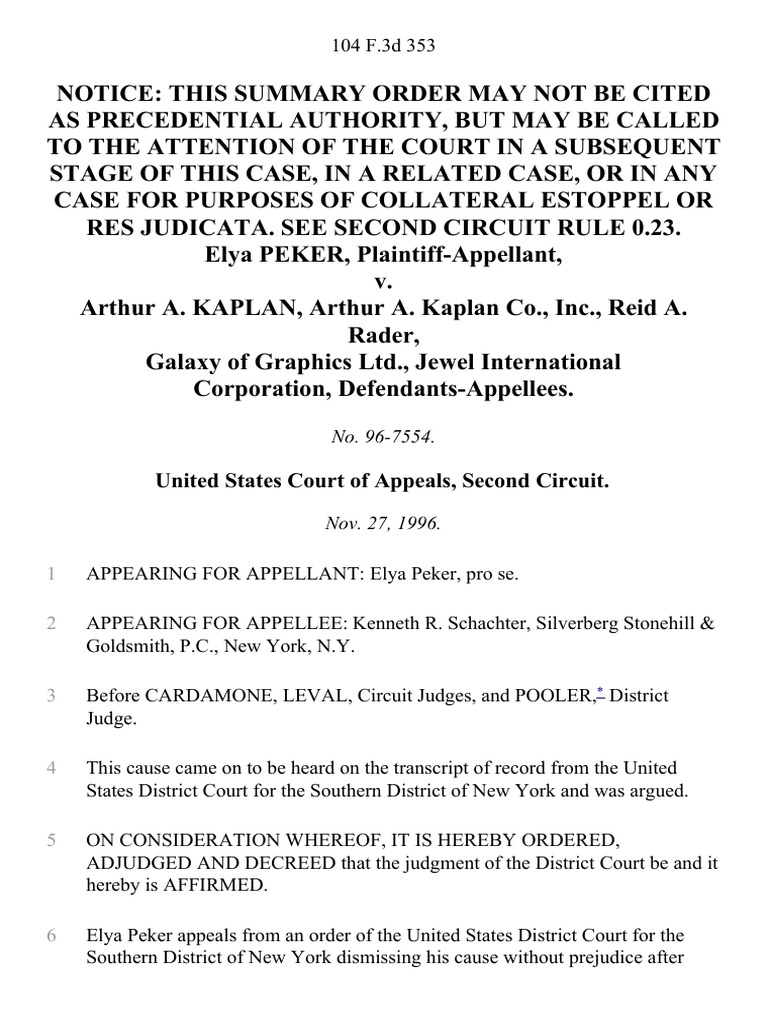 Elya Peker v. Arthur A. Kaplan, Arthur A. Kaplan Co., Inc., Reid A ...