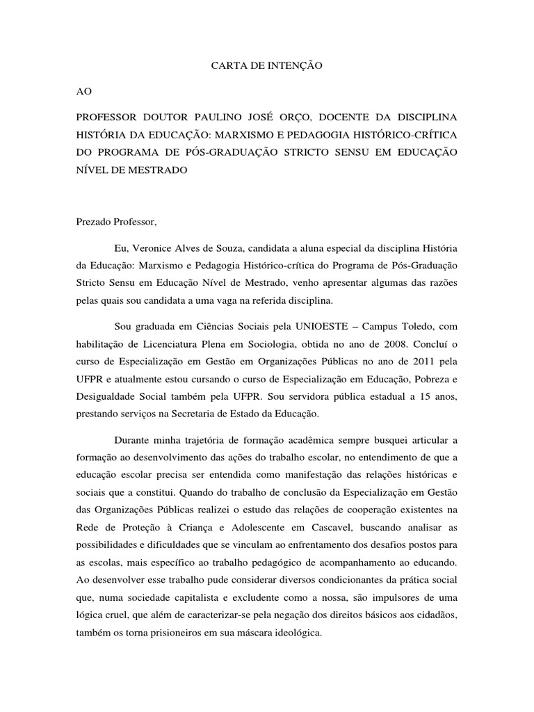Download Carta De Apresentação Mestrado Exemplo most complete  Carta