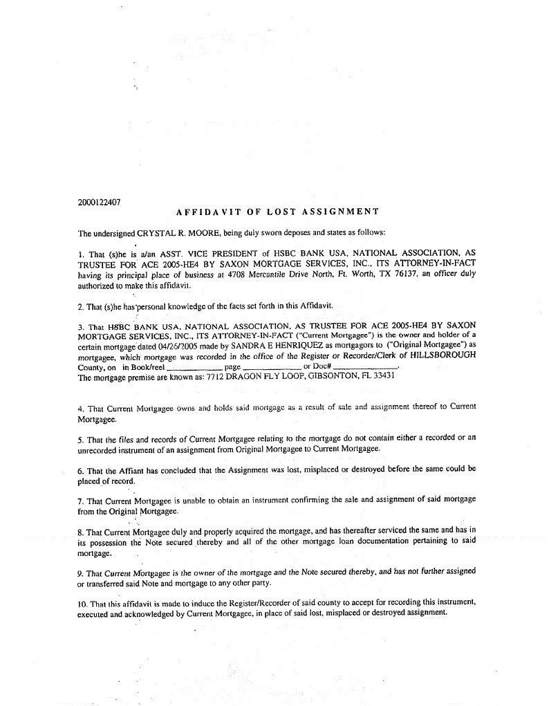 Affidavit Lost Assigment Crystal Moore | PDF