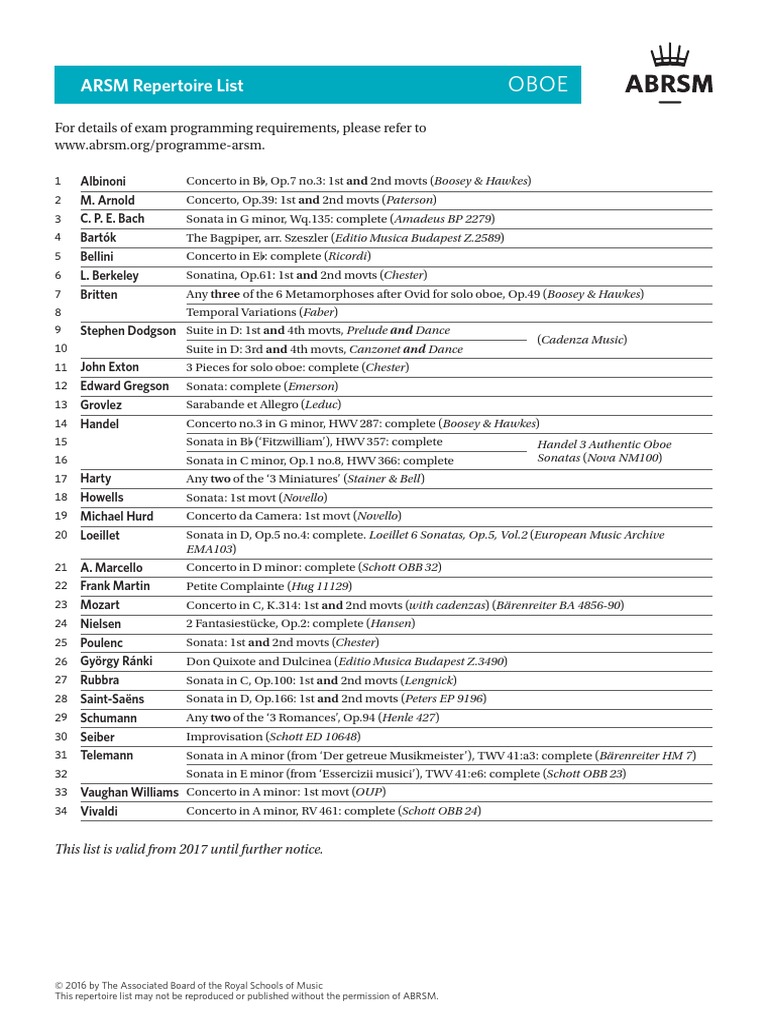 ARSM Oboe Repertoire 2017 Onwards PDF