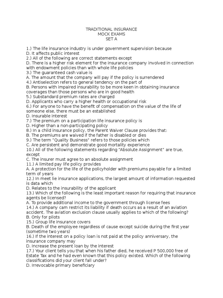 Traditional Life Insurance Mock Exam | PDF | Life Insurance | Insurance