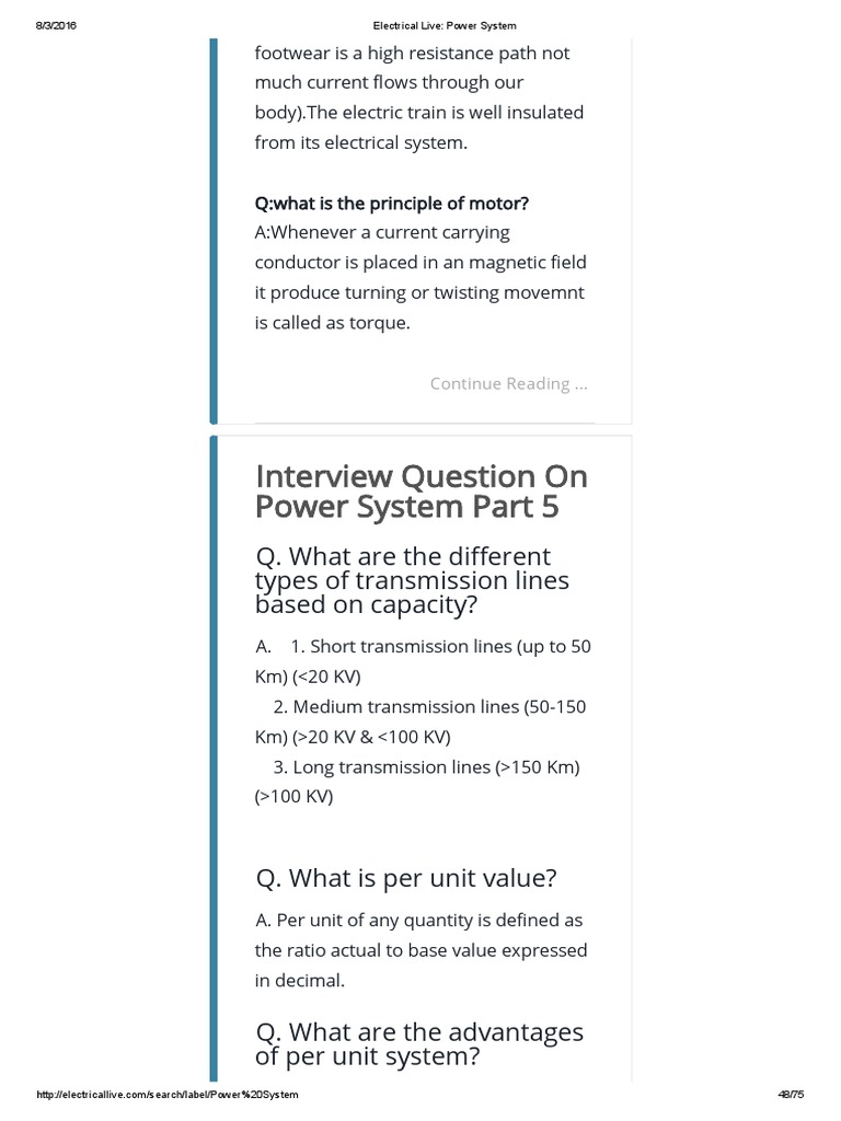 Interview Questions on Power Systems Transmission, Distribution