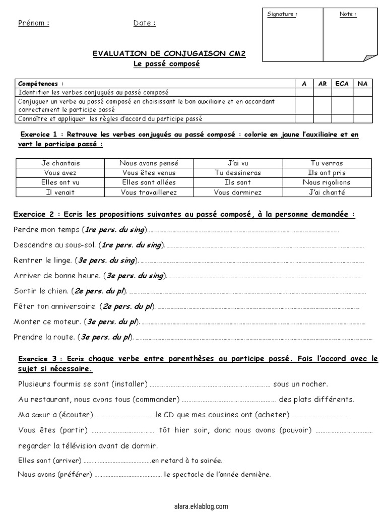 Exercices Passé Composé : Cm1 à Imprimer Evaluation Le Passé Composé | PDF