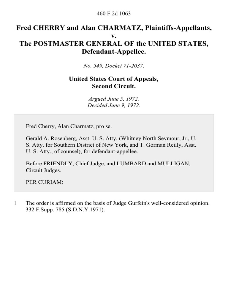 Fred Cherry And Alan Charmatz V The Postmaster General Of The United 