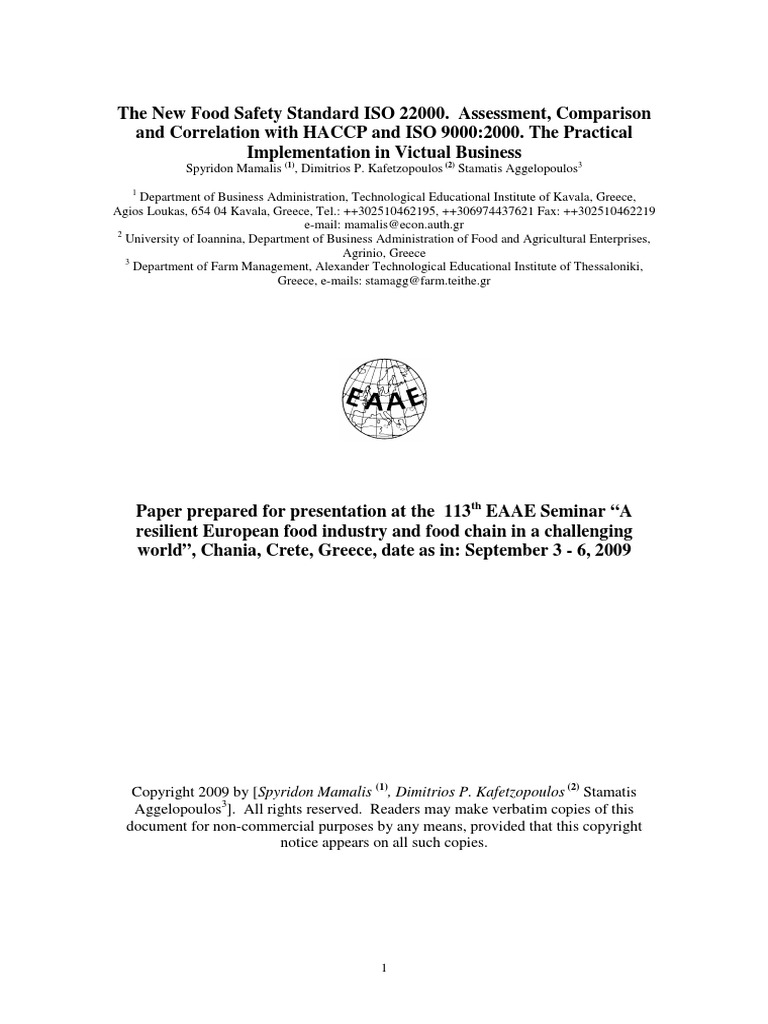 The New Food Safety Standard ISO 22000. Assessment, Comparison and