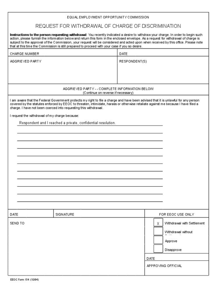 EEOC Charge Withdrawal Request Form | PDF | Equal Employment ...