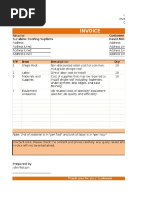 Simple Sales Roofing Invoice Template
