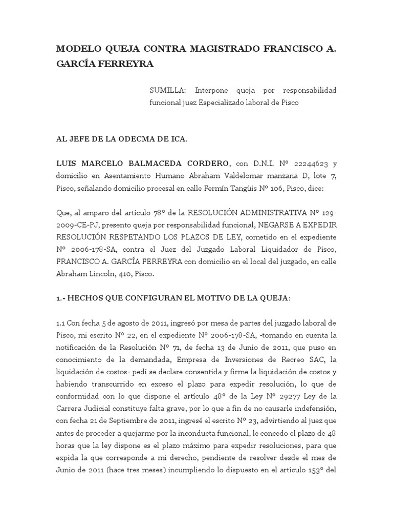 Modelo Queja Contra Magistrado Francisco A Pdf Juez Gobierno