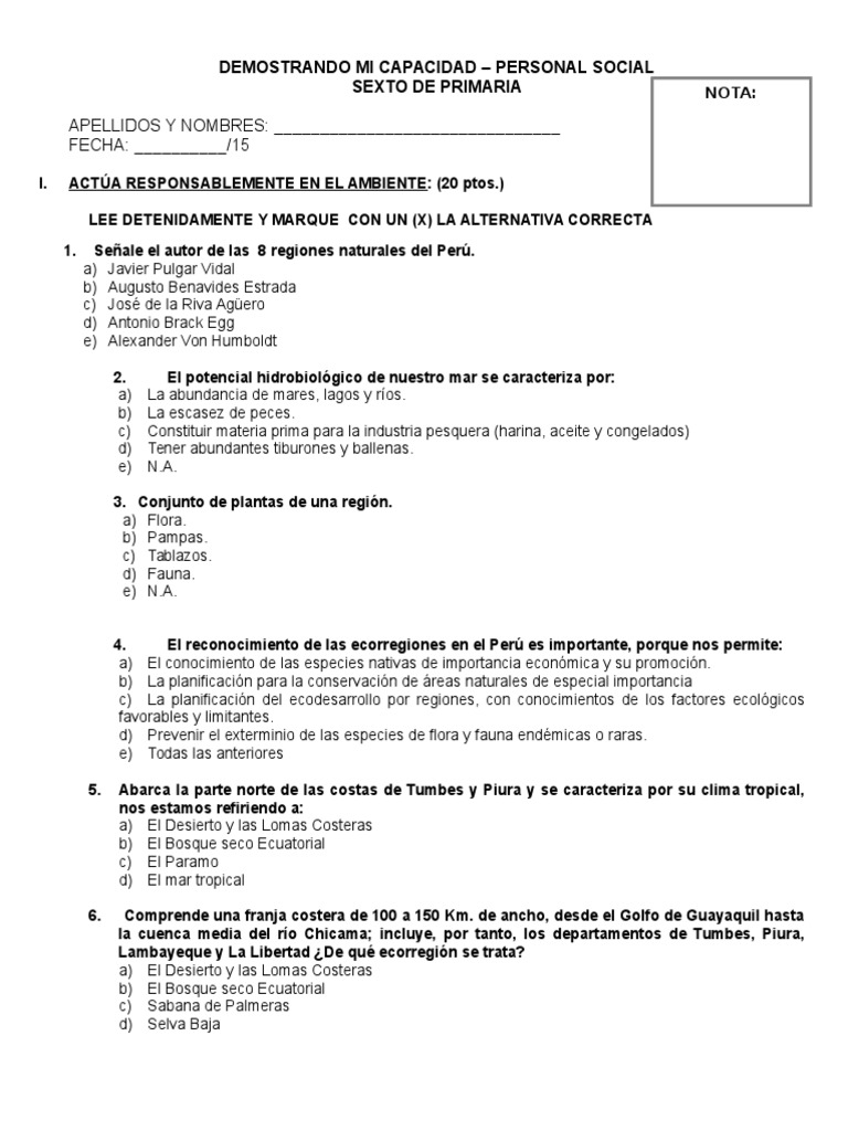 Exámenes de Personal Social 5to Primaria | PDF | Selva | Zona tropical
