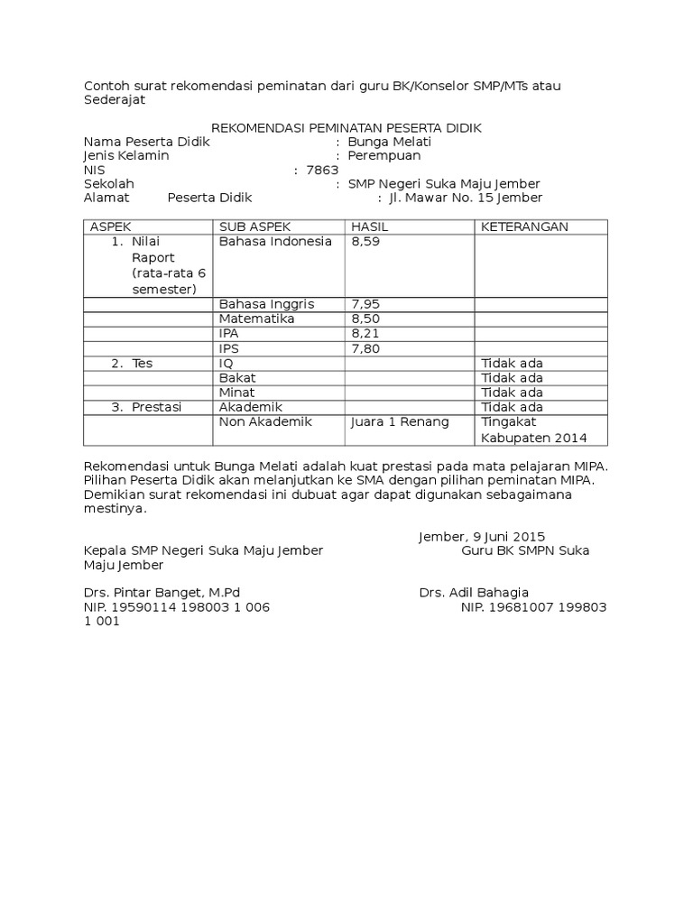 Contoh Surat Rekomendasi Peminatan Dari Guru BK PDF