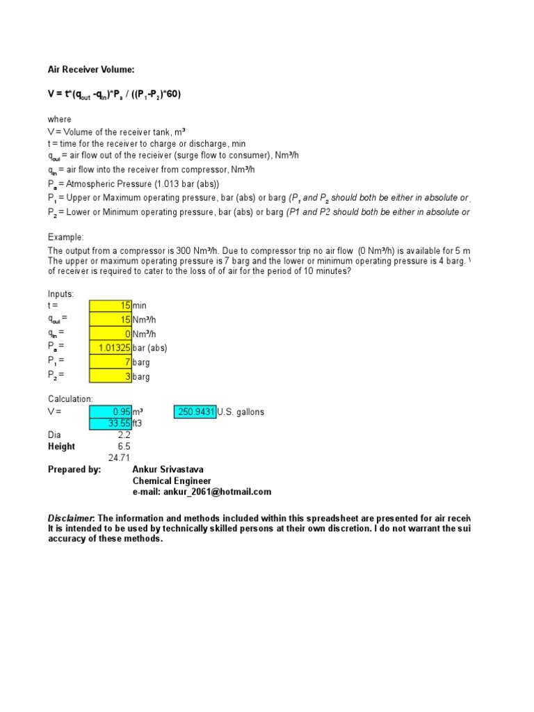 Air Receiver Sizing Metric Units Gas Compressor Pressure