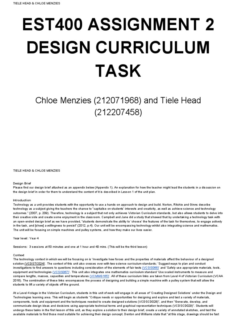 Est400 Assignment2 Chloemenzies 212071968 | PDF | Design | Educational ...
