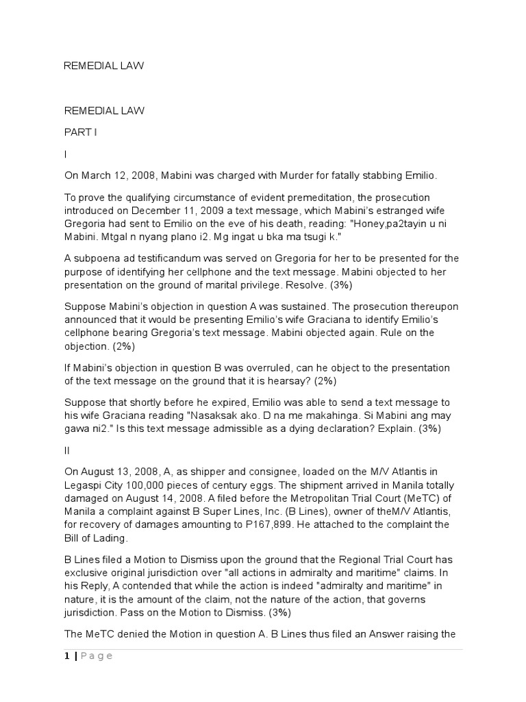 REMEDIAL LAW Bar Questions PDF Lawsuit Complaint