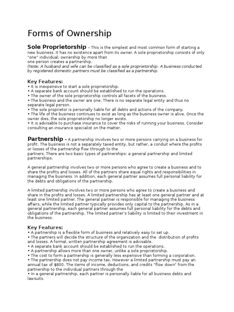 Forms of Ownership Sole Proprietorship PDF