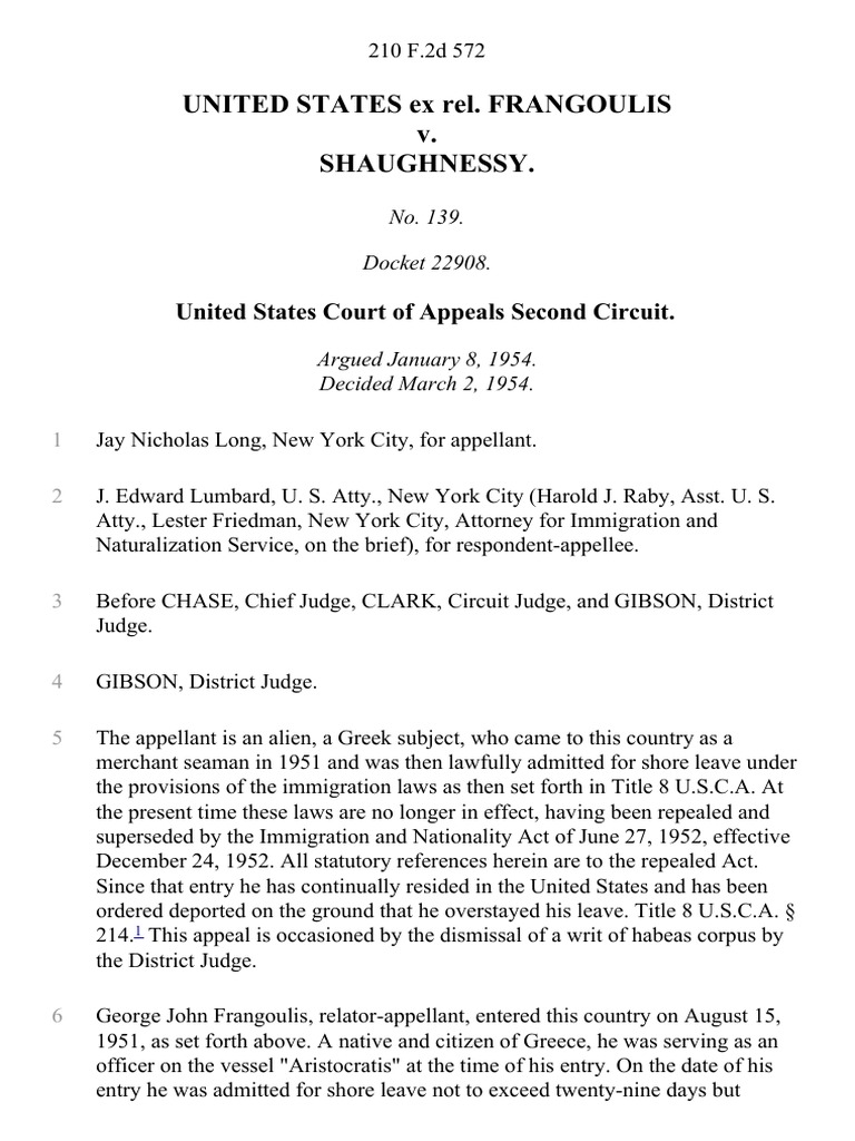 United States Ex Rel. Frangoulis v. Shaughnessy, 210 F.2d 572, 2d Cir