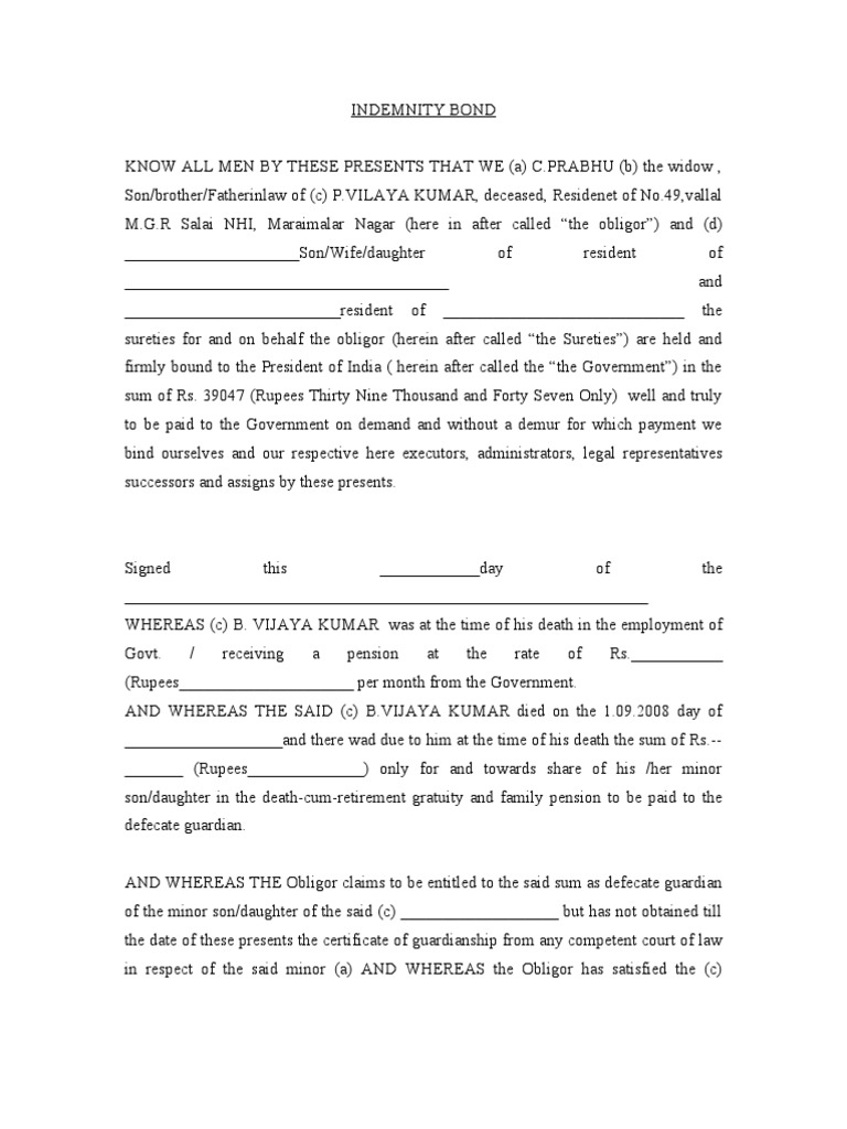 Indemnity Bond Indemnity Private Law