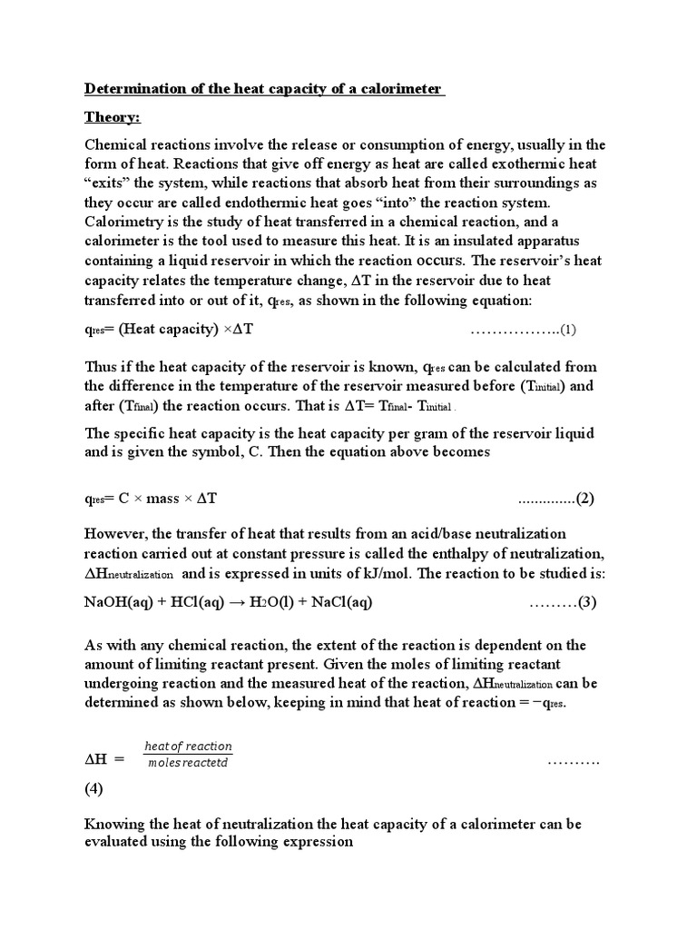 Determination of The Heat Capacity of A Calorimeter PDF Heat Heat