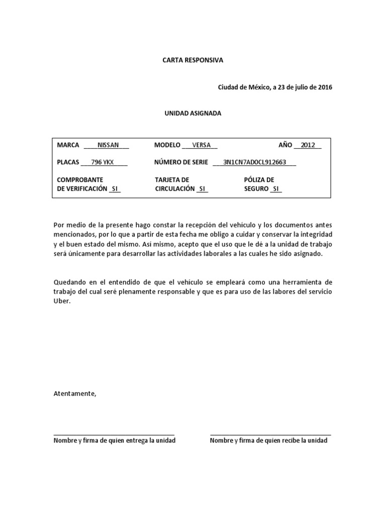 Carta Responsiva Versa 2