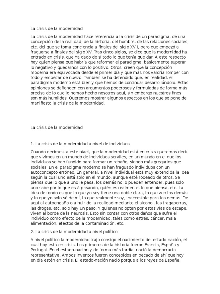 Crisis de la Modernidad: Análisis Integral | PDF | Modernidad | Paradigma