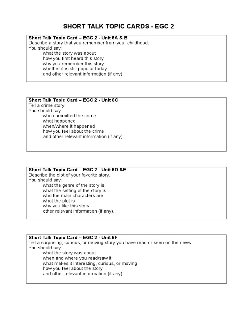 Short Talk Topic Cards EGC 2 U 6 10 