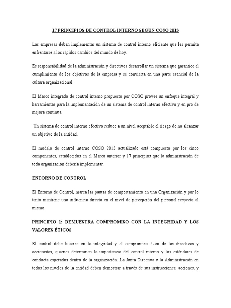 17 Principios de Control Interno Según Coso 2013 | PDF | Recursos ...
