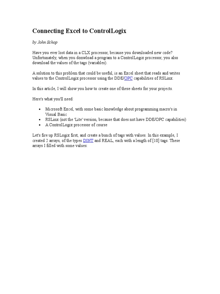 Connecting excel to controllogix pdf microsoft excel computer