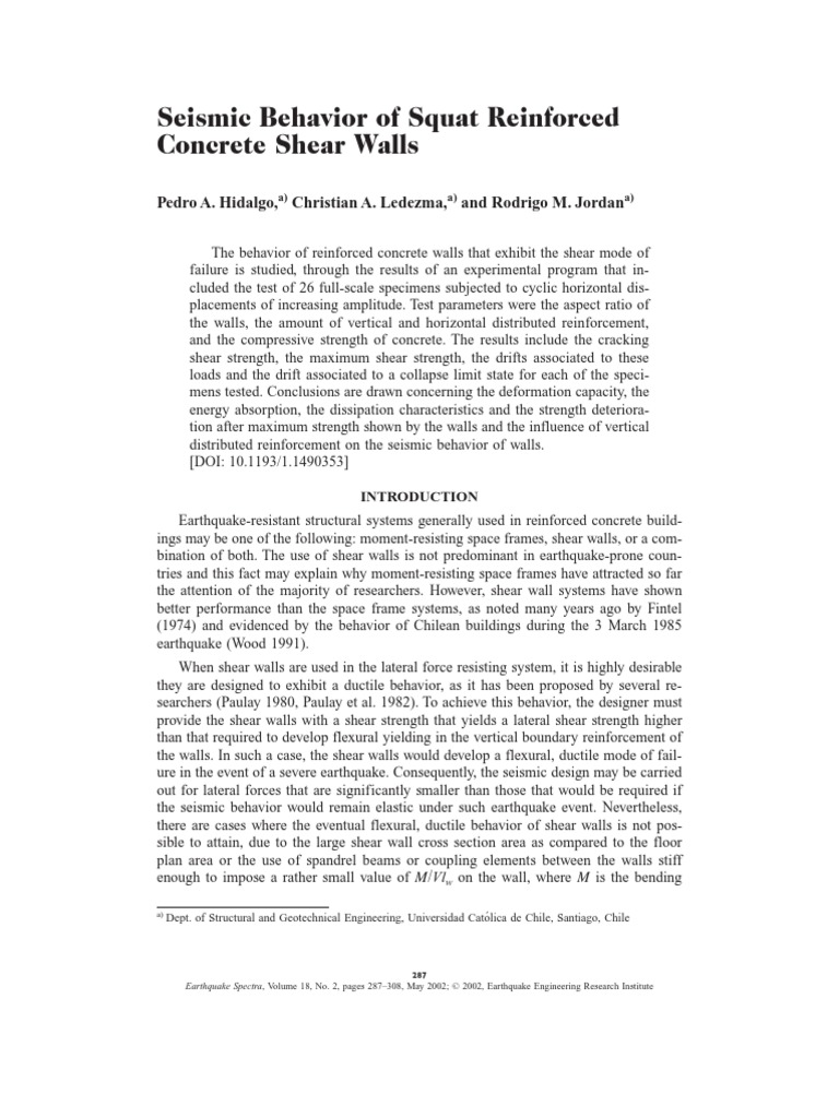 Seismic Behavior of Squat Reinforced Concrete Shear Walls | PDF ...