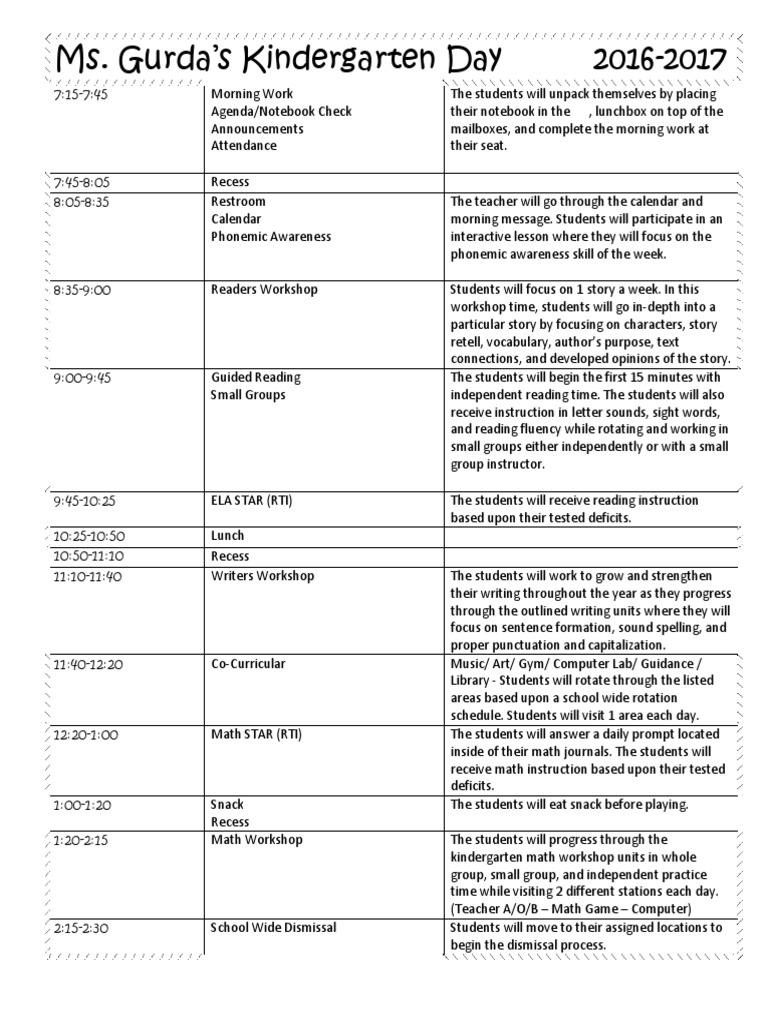 Kindergarten Daily Schedule 2016-2017 | PDF | Language Arts & Discipline