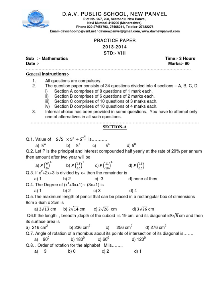2013-2014 Std VIII Math Practice Paper | PDF | Space | Geometric Shapes