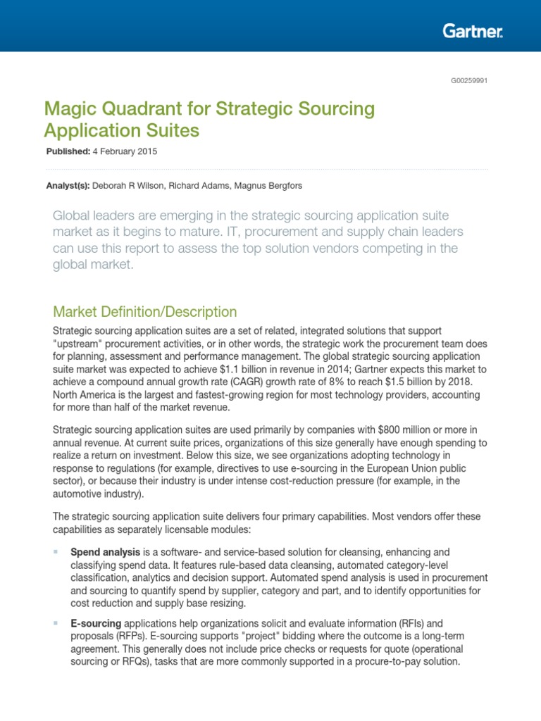 Gartner Magic Quadrant For Strategic Sourcing 2015 Sap Se Procurement