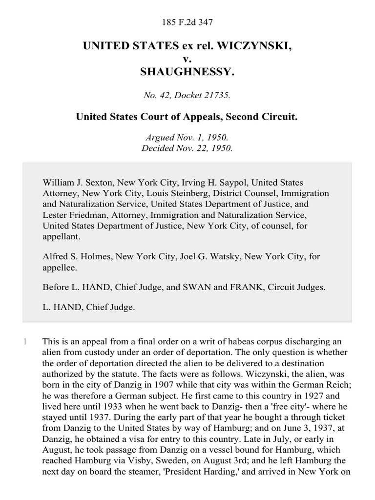 United States Ex Rel. Wiczynski v. Shaughnessy, 185 F.2d 347, 2d Cir