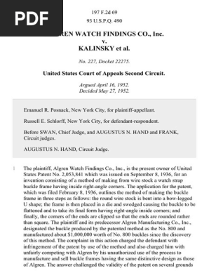 Algren Watch Findings Co., Inc. v. Kalinsky, 197 F.2d 69, 2d Cir. (1952)