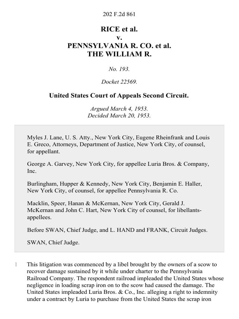 Rice v. Pennsylvania R. Co. The William R, 202 F.2d 861, 2d Cir. (1953) PDF Indemnity