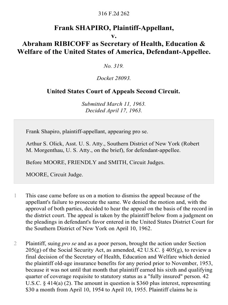 Frank Shapiro v. Abraham Ribicoff As Secretary of Health, Education