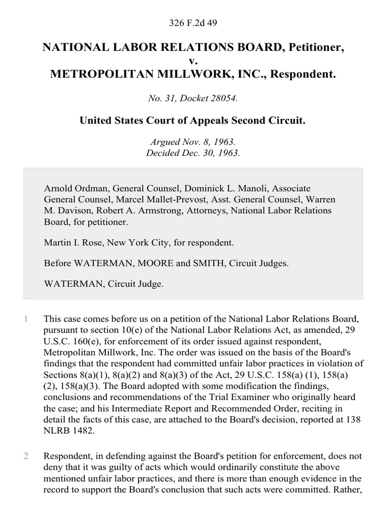 National Labor Relations Board v. Metropolitan Millwork, Inc., 326 F.2d