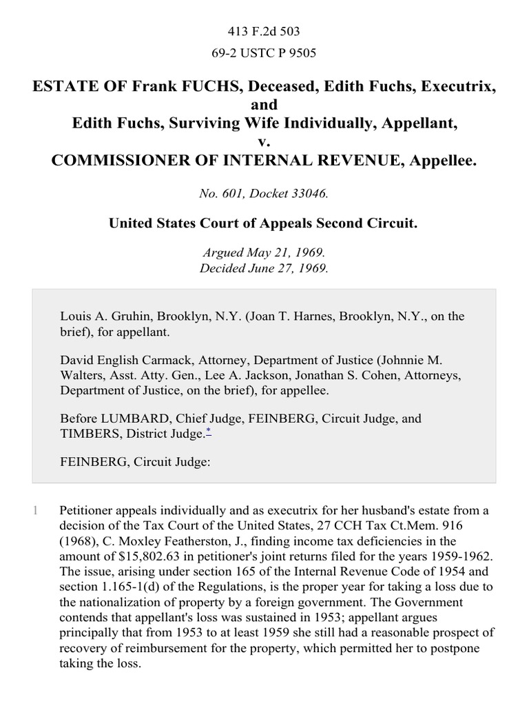 Estate of Frank Fuchs, Deceased, Edith Fuchs, and Edith Fuchs, Surviving Wife Individually v