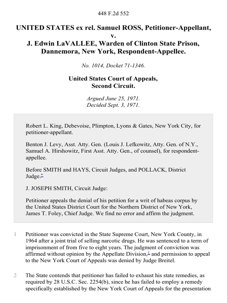 United States Ex Rel. Samuel Ross v. J. Edwin Lavallee, Warden of