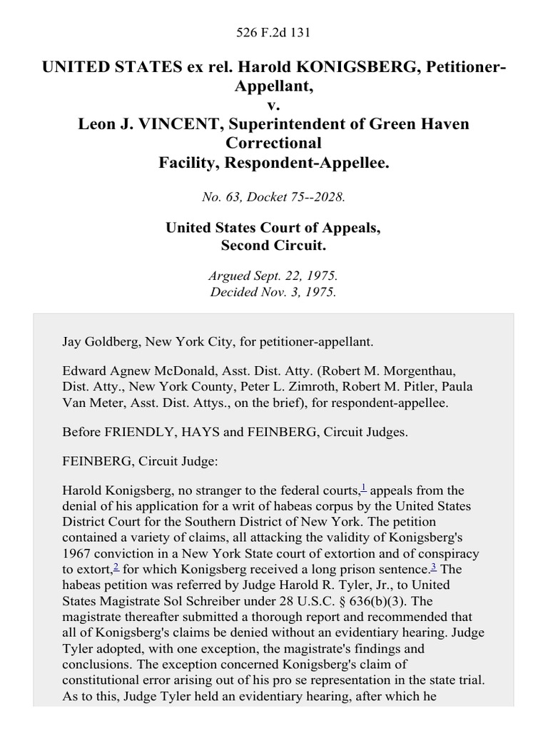 United States Ex Rel. Harold Konigsberg v. Leon J. Vincent ...