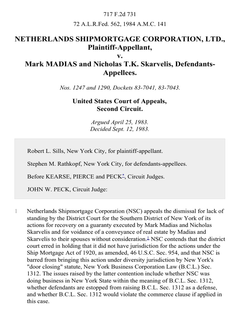 Netherlands Shipmortgage Corporation, Ltd. v. Mark Madias and Nicholas ...