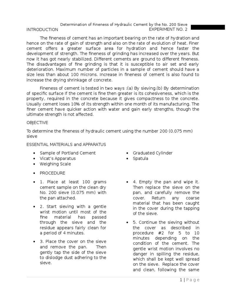 Determination of Fineness of Hydraulic Cement by The No. 200 Sieve PDF Concrete Cement