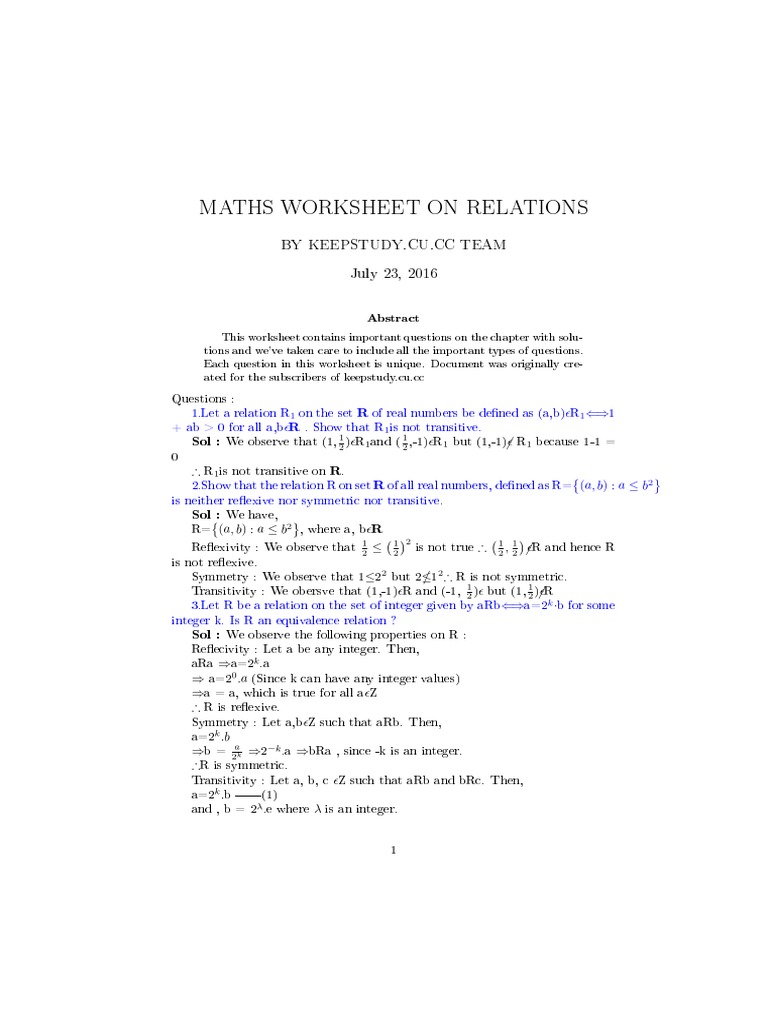 Maths Worksheet On Relations: by Keepstudy - Cu.Cc Team July 23, 2016 ...