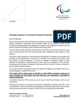 International Paralympic Committee Letter Banning Russia From Rio Paralympic Games