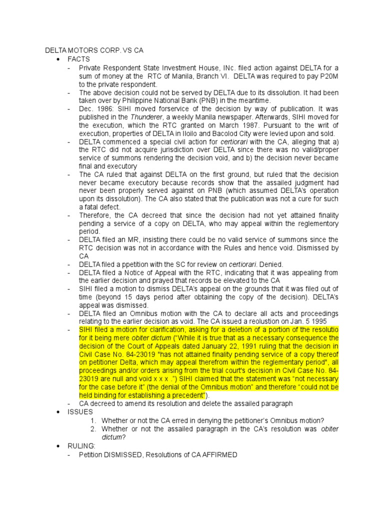 21 Delta Motors Vs CA PDF Obiter Dictum Precedent