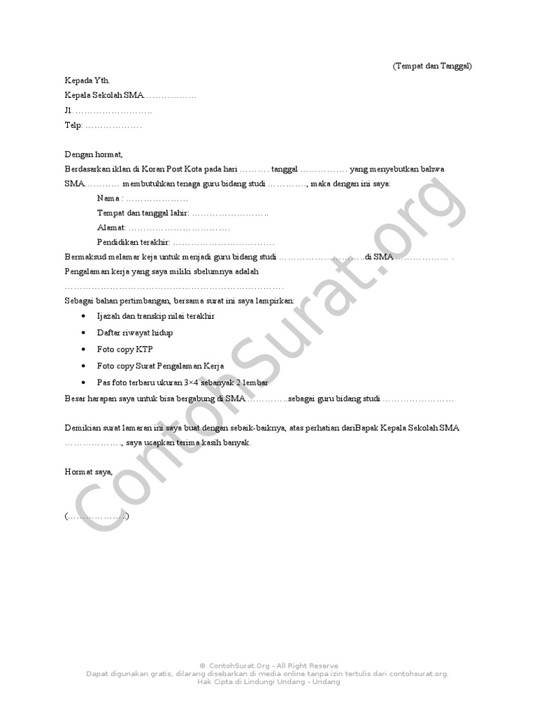 Contoh Surat Lamaran Kerja Guru Sma Format