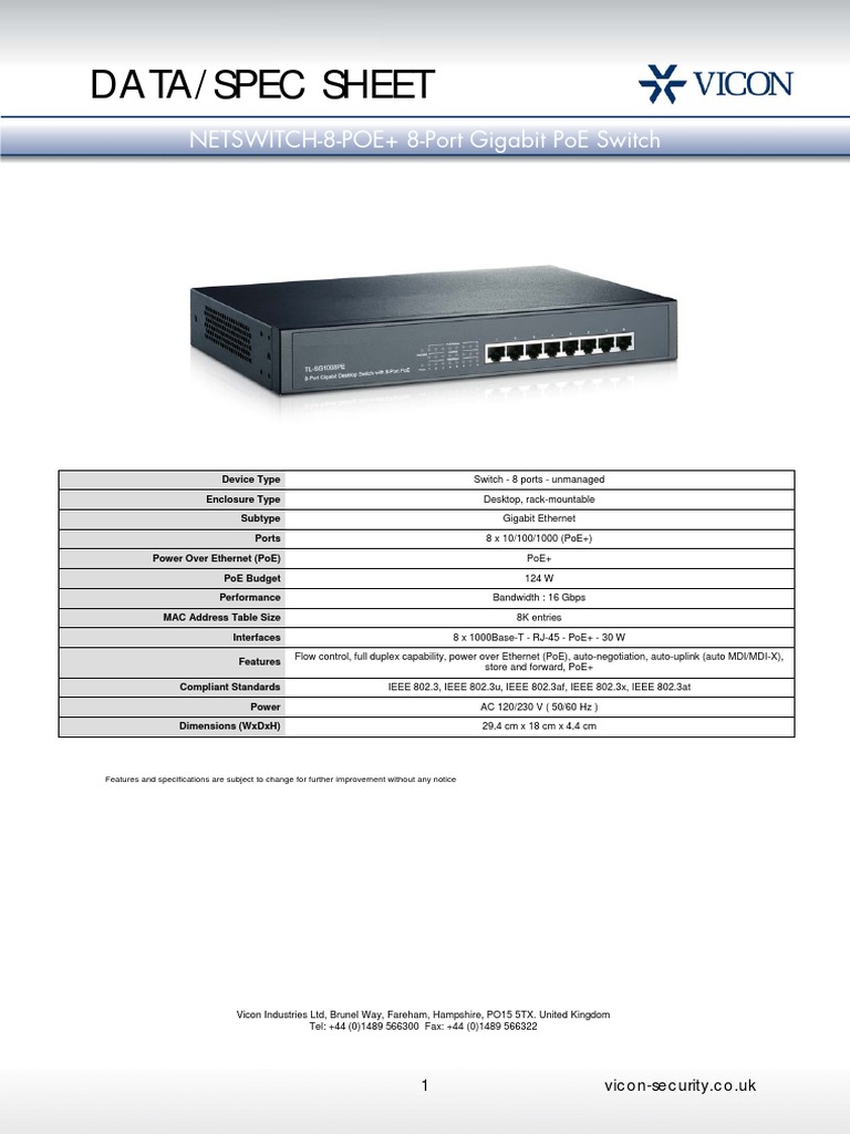 Data/Spec Sheet: Netswitch-8-Poe+ 8-Port Gigabit Poe Switch | PDF ...