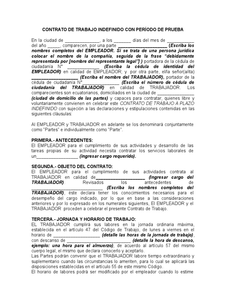 Contrato De Trabajo Indefinido Ecuador Ejemplo