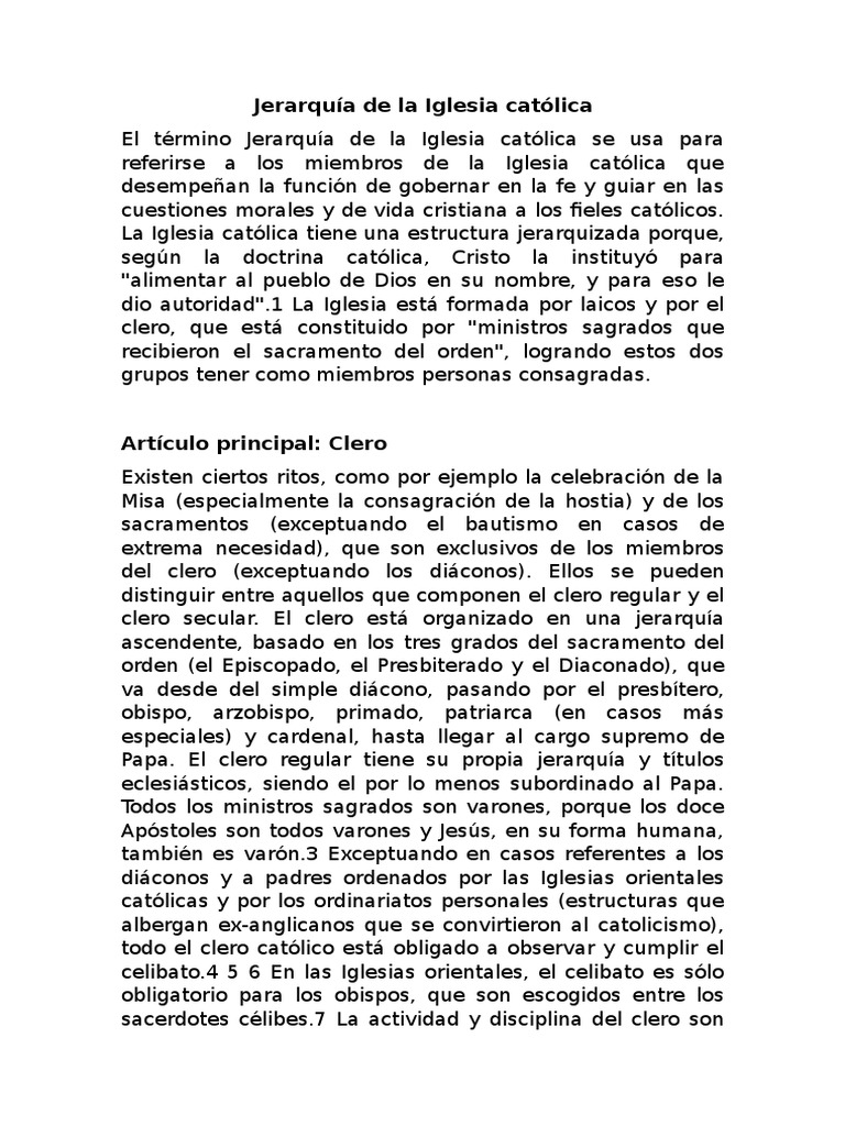 Jerarquía de La Iglesia Católica | PDF | obispo | Organizaciones cristianas
